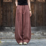 Buddha Stones Ramie Cotton Linen Pants Tie-dye Design Trousers Loose Zen Yoga Women's Pants with Pockets Pants BS PaleVioletRed(Fleece Lined) L(Waist 68-100cm/Hips 116cm/Suitable for Weight 70kg)