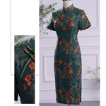 Buddha Stones Retro Flower Lotus Peony Feather Print Qipao Dress Women's Cheongsam Dress Cheongsam Dresses BS 11