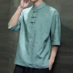 Buddha Stones Men's Chinese Frog-Button Tang Suit Half Sleeve Cotton Linen Shirt Men's Shirts BS 9