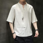 Buddha Stones Frog-Button Phoenix Embroidery Chinese Tang Suit Short Sleeve Shirt Cotton Linen Men Clothing Men's Shirts BS Snow 5XL(Fit for USUK/AU46; EU56)