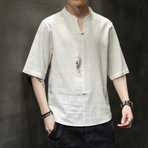 Buddha Stones Frog-Button Phoenix Embroidery Chinese Tang Suit Short Sleeve Shirt Cotton Linen Men Clothing Men's Shirts BS Snow 5XL(Fit for USUK/AU46; EU56)