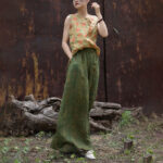 Buddha Stones Green Yellow Ramie Linen Flexible Waistband Wide Leg Pants With Pockets Women's Wide Leg Pants BS 26