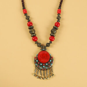 Buddha Stones Tibetan Retro Beads Tassel Hair Decoration Hair Accessories Decorations BS Sun Moon-Red