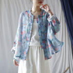 Buddha Stones Pink Flowers Green Leaves Print Frog-button Design Long Sleeve Ramie Linen Jacket Shirt Women's Shirts BS 24