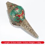 Buddha Stones Tibetan Handmade Engraved Shankha Double Dorje Buddha Conch Shell Wealth Positive Decoration Decorations BS Eight Auspicious Symbols Vase 32.5*13.5cm