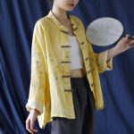 Buddha Stones Yellow Phoenix Print Frog-button Design Long Sleeve Ramie Linen Jacket Shirt Women's Shirts BS 2