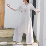 Buddha Stones 2Pcs V-neck Embroidery Yoga Clothing Zen Meditation Cotton Linen Top Pants Women's Set Clothes BS 4