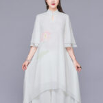Buddha Stones 2Pcs Lotus Flower Cheongsam Midi Dress Wide Leg Pants Chiffon Zen Women's Set Women's Meditation Cloth BS Dress(Dress Only) 2XL(Fit for US12; UK/AU16; EU44)