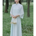 Buddha Stones Three Quarter Sleeve Chiffon Cheongsam Midi Dress Wide Leg Pants Meditation Zen Practice Clothing Women's Meditation Cloth BS 5