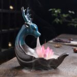 Buddha Stones Little Deer Ceramic Lotus Meditation Incense Burner Decoration Decorations Incense Burner BS Pink Lotus