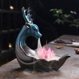 Buddha Stones Little Deer Ceramic Lotus Meditation Incense Burner Decoration Decorations Incense Burner BS Pink Lotus