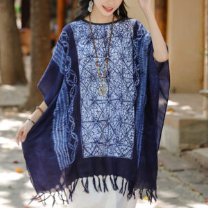 Buddha Stones Blue Stripe Geometry Indigo Dyeing Shawl Tassels Travel Pullover 90*95cm 1