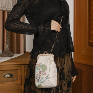 Buddha Stones Mountain Stone Orchid Pattern Pearl Chain Crossbody Bag Handbag Crossbody Bag&Handbags BS White 12*5*18cm