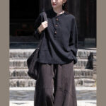 Buddha Stones Solid Color Loose Button Blouse Long Sleeve Shirt Top Long Sleeve Shirt BS 36