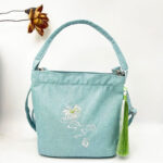 Buddha Stones Embroidery Wisteria Plum Lotus Cherry Blossom Cotton Linen Canvas Tote Crossbody Bag Shoulder Bag Handbag Crossbody Bag BS Light Green Lotus 19*20*10cm