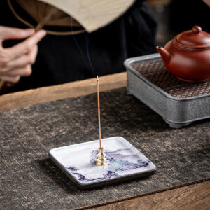 Buddha Stones Mountain Lake Flower Leaf Healing Ceramic Plate Tray Stick Incense Burner Decoration Incense Burner BS Purple Mountain 10.2*10.2*1.2cm