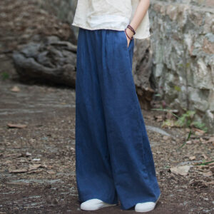 Buddha Stones Retro Wide Leg Pants Casual Women's Yoga Pants With Pockets Wide Leg Pants BS Navy Blue(Waist 62-100cm/Hips 118cm/Length 98cm)