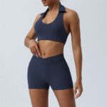 Buddha Stones 2Pcs Workout Sleeveless Backless Top Shorts Flared Pants Sports Fitness Yoga Outfit Set 2-Piece Outfit BS Navy Blue 2Pcs(Top&Shorts) XL