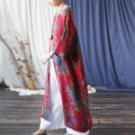 Buddha Stones Red Blue Flowers Print Cotton Three Quarter Sleeve Open Front Jacket Coat 4
