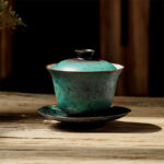 Buddha Stones Retro Green Glaze Ceramic Gaiwan Sancai Teacup Kung Fu Tea Cup And Saucer With Lid Cup BS 11.3*8.5cm*180ml