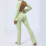 Buddha Stones Long Sleeve Backless Strap Top Bra Flare Pants Fitness Yoga Outfit 2-Piece Outfit BS 13