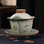 Buddha Stones Lotus Koi Fish Pod Leaf Ceramic Gaiwan Sancai Teacup Kung Fu Tea Cup And Saucer With Lid 140ml Cup BS Double Koi Fish Lotus Leaf 11.5cm*9.5cm*140ml