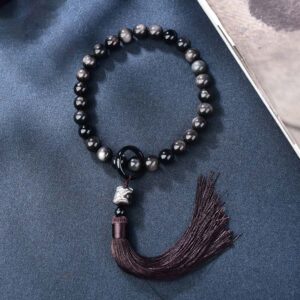 Buddha Stones Natural Silver Sheen Obsidian Lion Wrist Mala Protection Tassels Pocket Mala Car Decoration Wrist Mala&Decorations BS 14mm