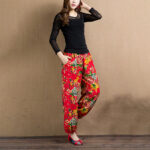 Buddha Stones Ethnic Style Red Green Flowers Print Harem Pants With Pockets Women's Harem Pants BS 9