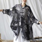 Buddha Stones Blue White Flowers Frog-Button Long Sleeve Ramie Linen Jacket Shirt With Pockets 6