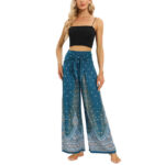 Buddha Stones Boho Peacock Feathers Lace-up Wide Leg Pants Women's Yoga Pants Women's Wide Leg Pants BS 15