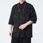 Buddha Stones Peach Blossom Bamboo Leaves Frog-button Chinese Half Sleeve Shirt Men T-shirt T-shirt BS 6