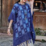 Buddha Stones Blue Color Block Plaid Shawl Tassels Soft Pullover 90*95cm 10