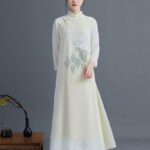 Buddha Stones 2Pcs Peony Flower Cheongsam Midi Dress Skirt Chiffon Zen Clothing Women's Set Women's Meditation Cloth BS Dress(Dress Only) 2XL(Fit for US6; UK/AU10; EU38)