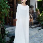 Buddha Stones Simple Midi Dress Cotton Linen Zen Tunic Dress With Pockets Midi Dress BS White(Bust 114cm/Length 120cm)(Dress Only)