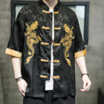 Buddha Stones Frog-Button Chinese Dragon Embroidery Half Sleeve Shirt Linen Men Clothing Men's Shirts BS 8