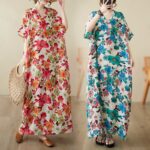 Buddha Stones Red Blue Green Flowers Midi Dress Cotton Half Sleeve Dress With Pockets Midi Dress BS 13