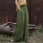 Buddha Stones Green Yellow Ramie Linen Flexible Waistband Wide Leg Pants With Pockets Women's Wide Leg Pants BS 6