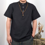 Buddha Stones Men's Plain Color Short Sleeve Half Button Cotton Linen Shirt Men's Shirts BS DimGray 3XL(Fit for US/UK/AU44; EU54)