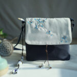Buddha Stones Handmade Embroidered Plum Flowers Canvas Crossbody Bag Shoulder Bag Handbag Crossbody Bag BS Dark Blue Plum 17*19cm