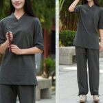Buddha Stones 2Pcs Half Sleeve V-Neck Shirt Top Pants Meditation Zen Tai Chi Linen Clothing Women's Set Women's Meditation Cloth BS 18