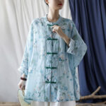 Buddha Stones Light Green Pink Flowers Green Leaves Frog-Button Long Sleeve Ramie Linen Jacket Shirt 34