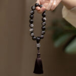Buddha Stones Natural Silver Sheen Obsidian Black Obsidian Lion Wrist Mala Protection Tassels Pocket Mala Car Decoration Wrist Mala&Decorations BS main