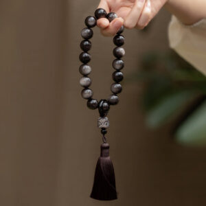Buddha Stones Natural Silver Sheen Obsidian Black Obsidian Lion Wrist Mala Protection Tassels Pocket Mala Car Decoration Wrist Mala&Decorations BS main