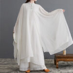 Buddha Stones 2Pcs Frog-Button Long Sleeve Midi Dress Wide Leg Pants Chiffon Zen Women's Set Women's Meditation Cloth BS 6
