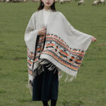 Buddha Stones Tibetan Shawl Colorful Geometry Winter Cozy Travel Scarf Wrap Tibetan Shawl BS Beige Brown 150*130cm