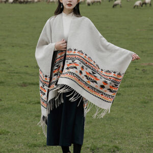 Buddha Stones Tibetan Shawl Colorful Geometry Winter Cozy Travel Scarf Wrap Tibetan Shawl BS Beige Brown 150*130cm