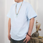 Buddha Stones Men's Plain Color Short Sleeve Half Button Cotton Linen Shirt Men's Shirts BS 14
