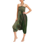 Buddha Stones Two Style Wear Peacock Feather Loose Smocked Harem Trousers Jumpsuit High Waist Pants Harem Pants BS 16