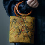 Buddha Stones Bamboo Leaf Butterfly Cherry Blossom Persimmon Wood Handle Handbag Handbags BS 7