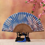 Buddha Stones Cherry Blossom Lily Butterfly Bamboo Handheld Bamboo Folding Fan 21cm Folding Fan BS Sky Blue Butterfly Cherry Blossom 21cm